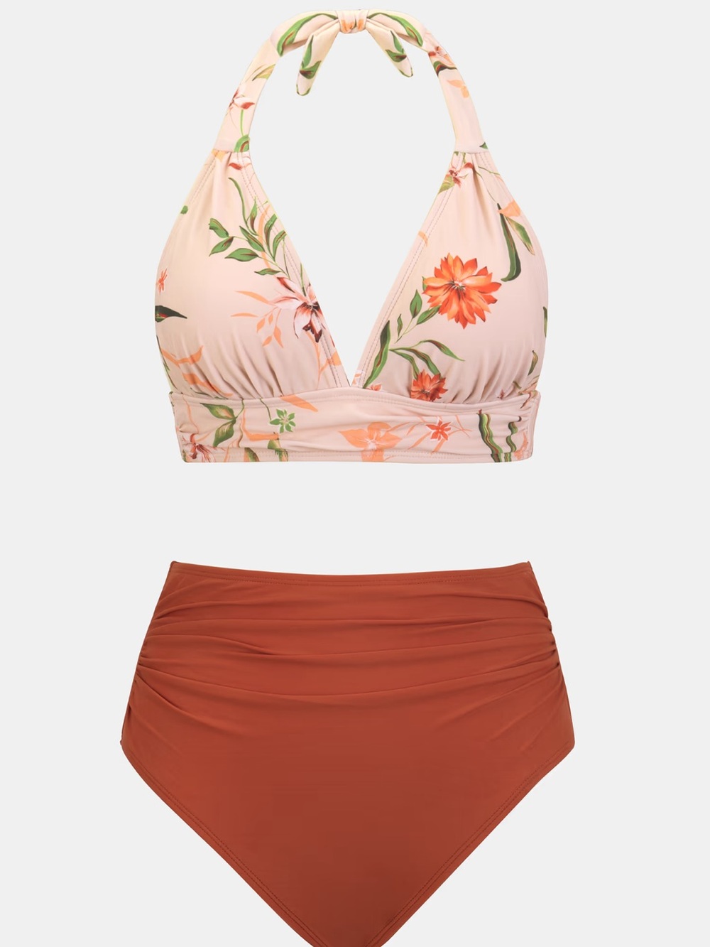 Cupshe Floral Halter Bikini Set - Light Pink & Rust - Picture 4 of 8